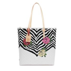 Stylish White and Black Tote Bag with Floral Design